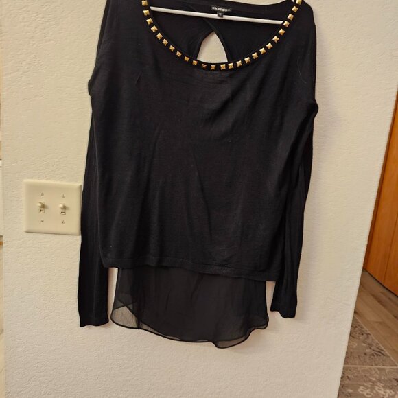 EXPRESS Black silk Top Over Sheer Tank Size L Gold Accents at Neckline - Picture 4 of 7